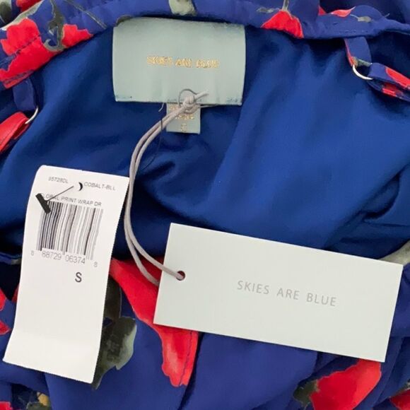 SKIES ARE BLUE NWT DRESS FLORAL PRINT WRAP RUFFLED SPAGHETTI STRAPS SMALL COBALT - Picture 9 of 13